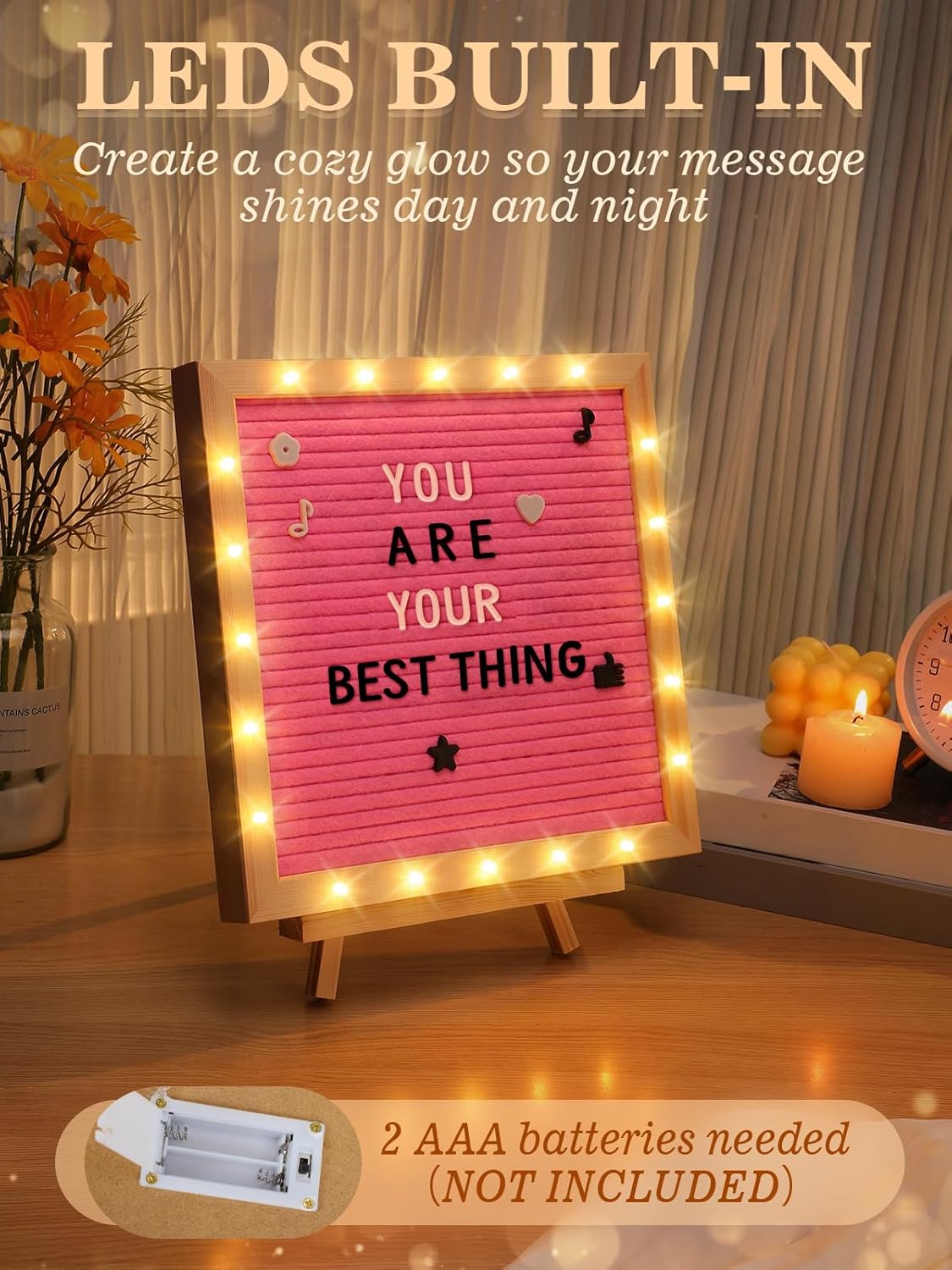 Light up Changeable Felt Letter Board Sign with LED Lights - 10×10" Message Board& Wood Stand& 450 Letters, for Halloween/Birthday/Event/Pregnancy/Baby Announcement/Home Wall Decor Girls Gifts, Pink