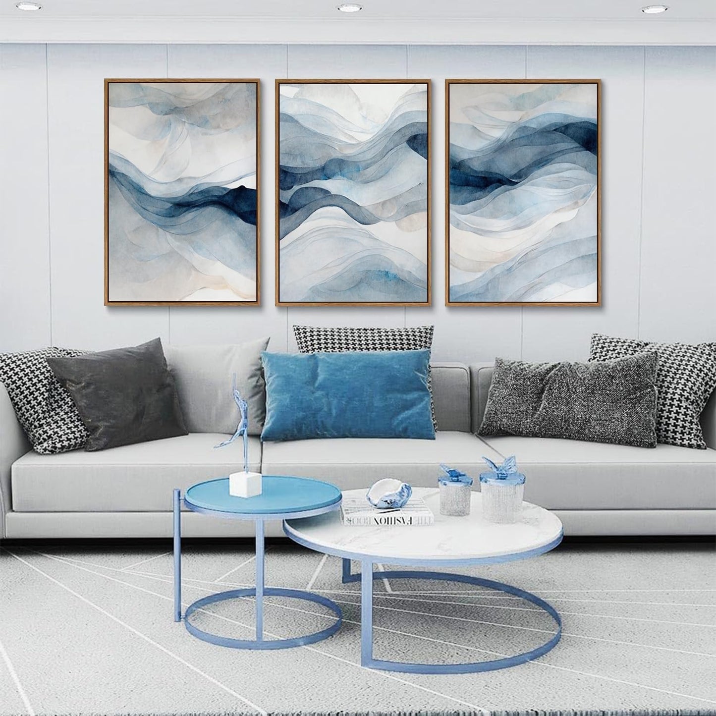 myusuar 3 Piece Large Abstract Framed Wall Art For Living Room, Smoke Texture Ink Navy Blue Canvas Wall Art Modern Minimalist Art Prints Wall Décor For Bedroom Office 16x24in