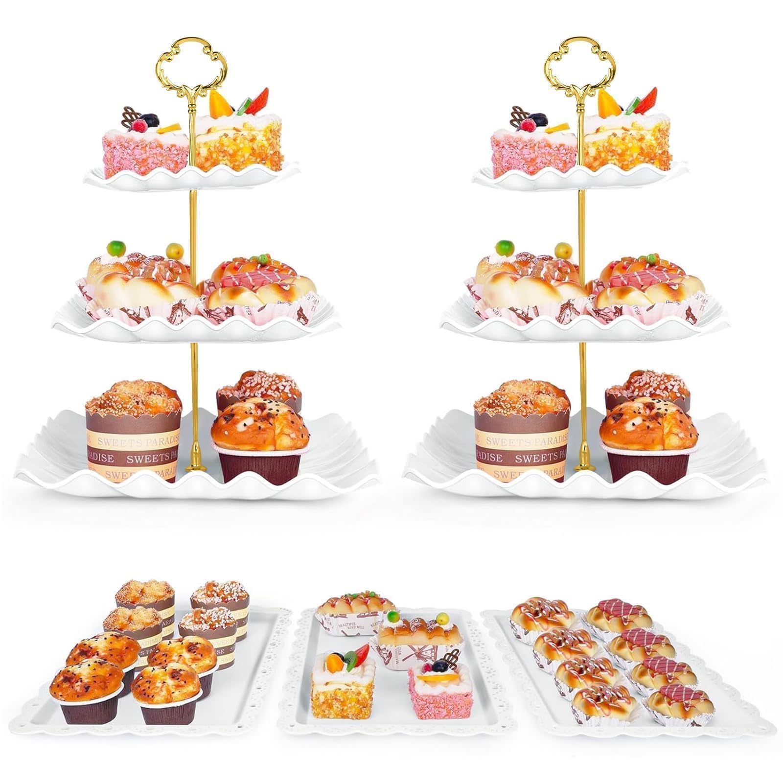 5 Pcs Dessert Table Display Set - 2 Pcs 3-Tier Dessert Display Stands & 3 Pcs Serving Tray