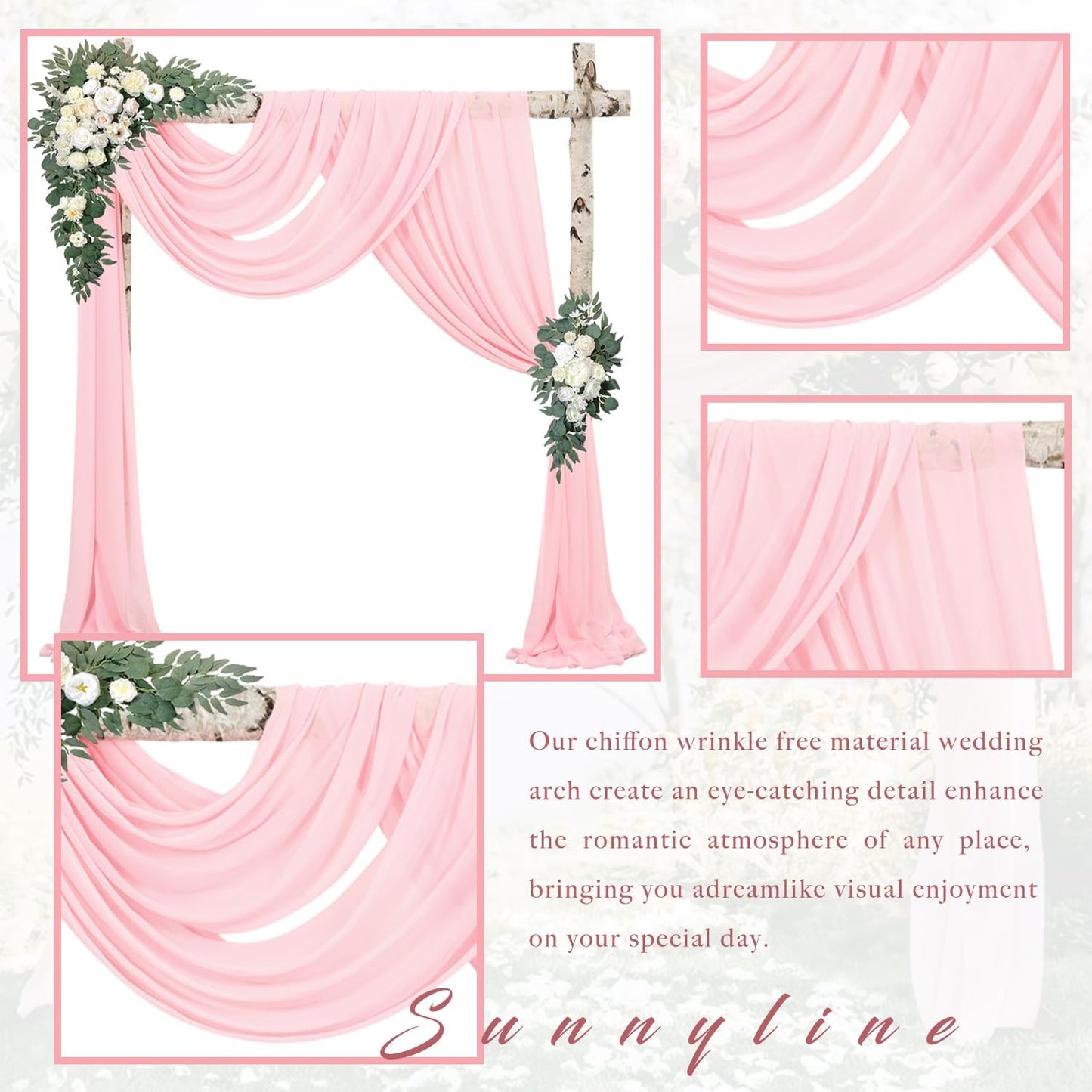 4 Panels Wedding Arch Draping Fabric 20Ft Length x 28" Width Light Pink Arch Drapes Chiffon Fabric Sheer Curtains Backdrop for Party Bridal Decor Wedding Ceremony Ceiling Stage Reception Decorations