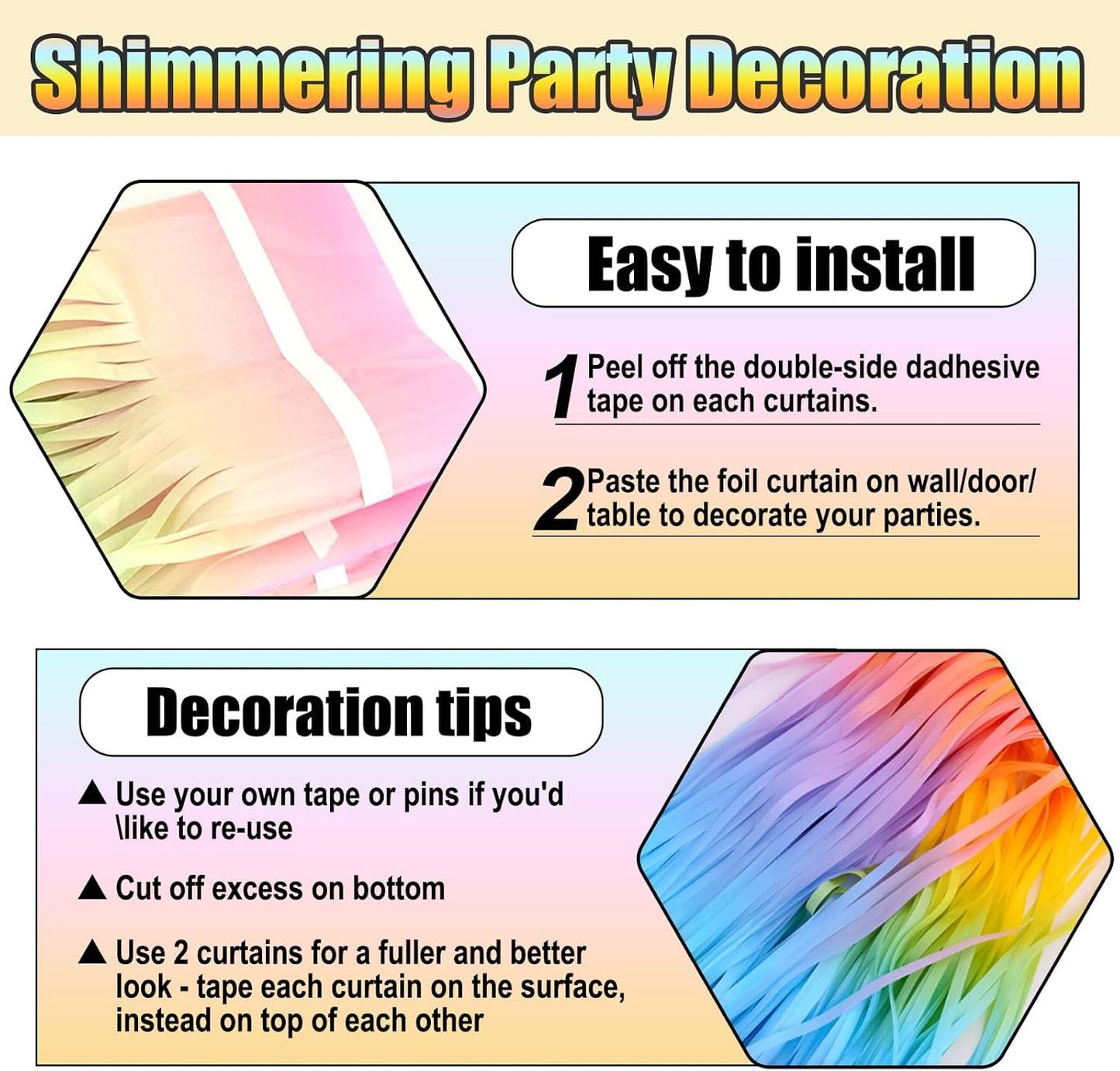 3 Pack Rainbow Foil Fringe Curtain Backdrop, 3.28Ft x 8.2Ft Metallic Tinsel Foil Fringe Streamer Curtains for Photo Booth, Christmas Day, Thanksgiving, Wedding, New Year Party Decorations