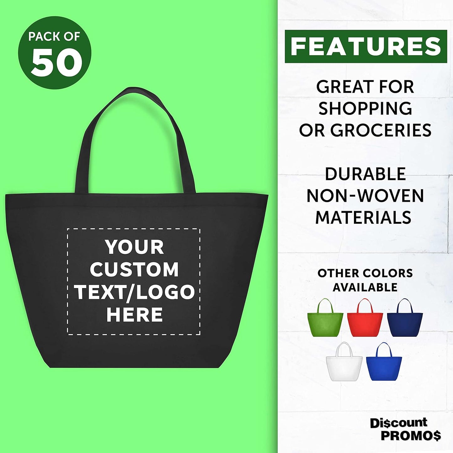 DISCOUNT PROMOS Custom Southern Style Grocery Tote Bags Set of 50 - Personalized Bulk Pack, Reusable Grocery & Shopping Bags - Great for Travel, Carry on Bag, Business Promotions - Black - 20"X13"X8"