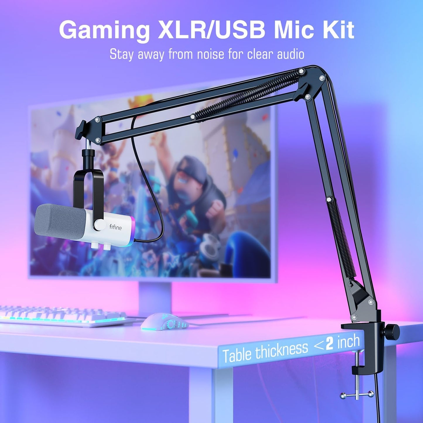FIFINE Gaming XLR/USB Microphone Kit, Streaming Dynamic Mic Set for PC, Computer Mic for Vocal Podcast Recording Voiceover, with Headphones Jack, Gain Knob, Arm Stand-AmpliGame AM8T White