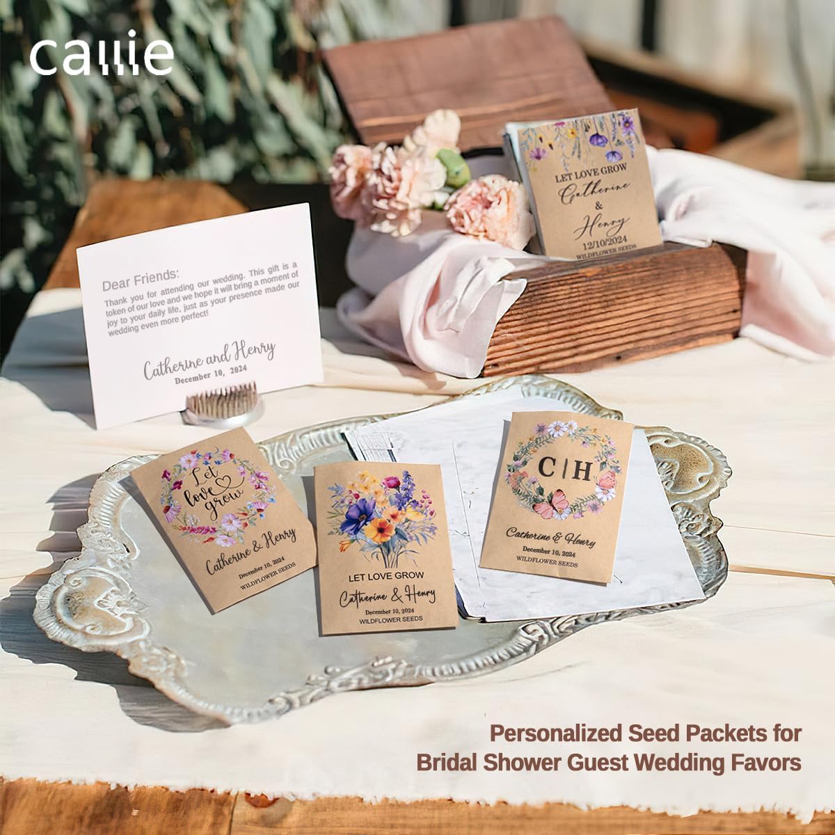 callie Personalized Wedding Seed Packet Favors, Custom Wildflower Seeds Storage with Name and Date, Kraft/White Paper Envelopes for Wedding Party Bridal Shower, 20-300 PCS