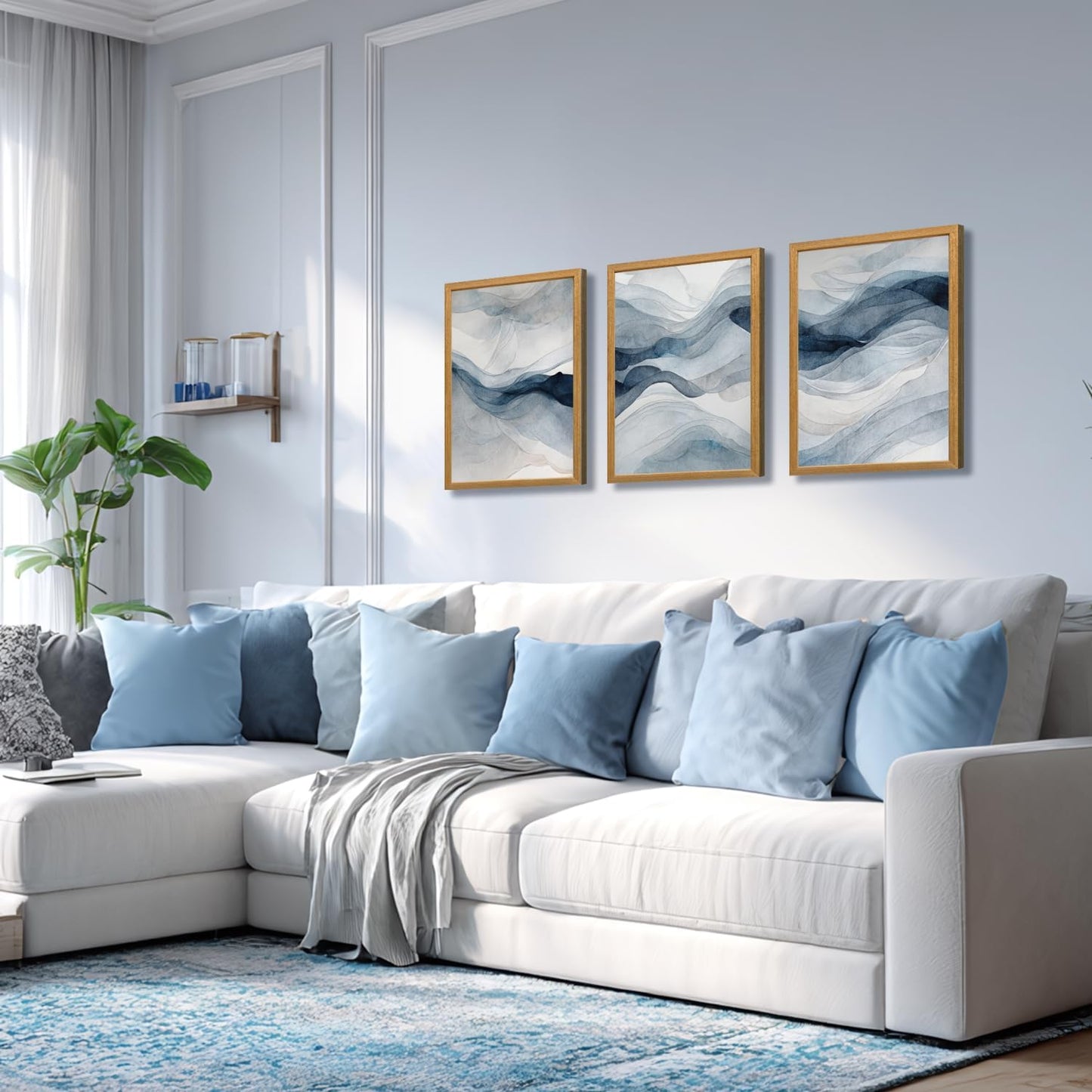 IAFWZX Wood Framed Blue Gray Abstract Wall Art, Modern Minimalist Waves Wall Decor, Neutral Watercolor Line Canvas Paintings, Navy Blue Watercolor Poster Prints for Living Room Office 16"x24"x3