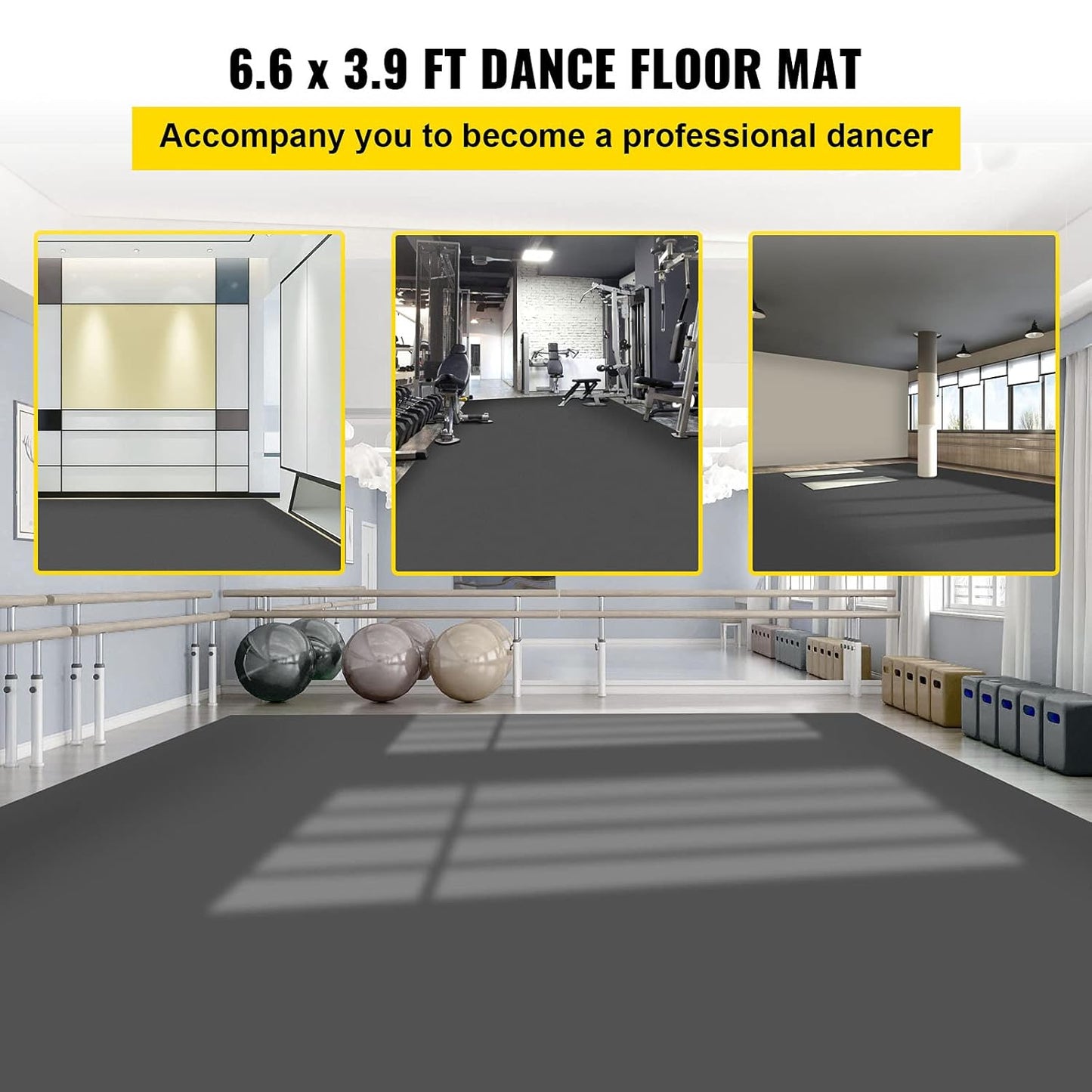 VEVOR Dance Floor, 6.6x3.9ft Dance Floor Roll, 0.06in Thick PVC Vinyl Dance Floor, Black/Grey Reversible Portable Dance Floor, Non-Slip Dance Flooring, Ballet Dance Floor for Jazz, Pop, Lyrical Style
