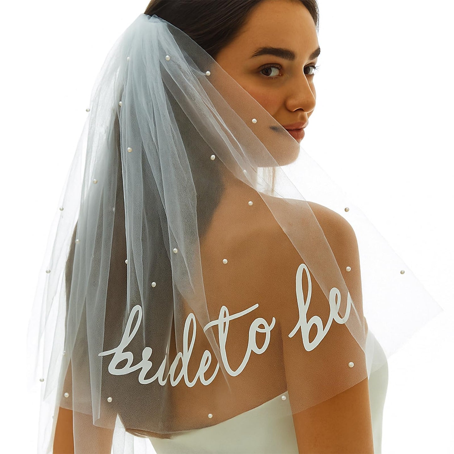 TWPER Bride to Be Veil for Bachelorette Party, White Pearl Veil Bride To Be Headband
