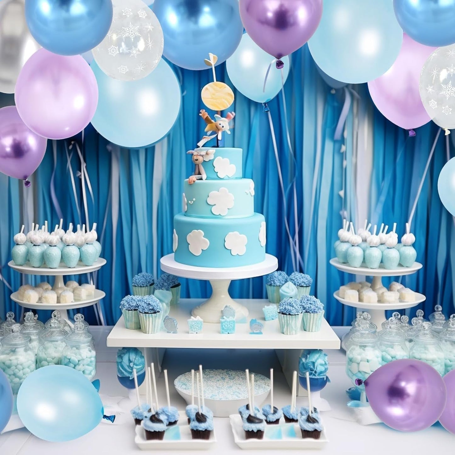 Blue Purple Silver Balloons, 60PCS Snow Balloons Metallic Purple Blue Silver Balloon with Pearl Blue Purples Snowflake Print Party Balloon for Girls Birthday Winter Snow Wonderland Party Decorations