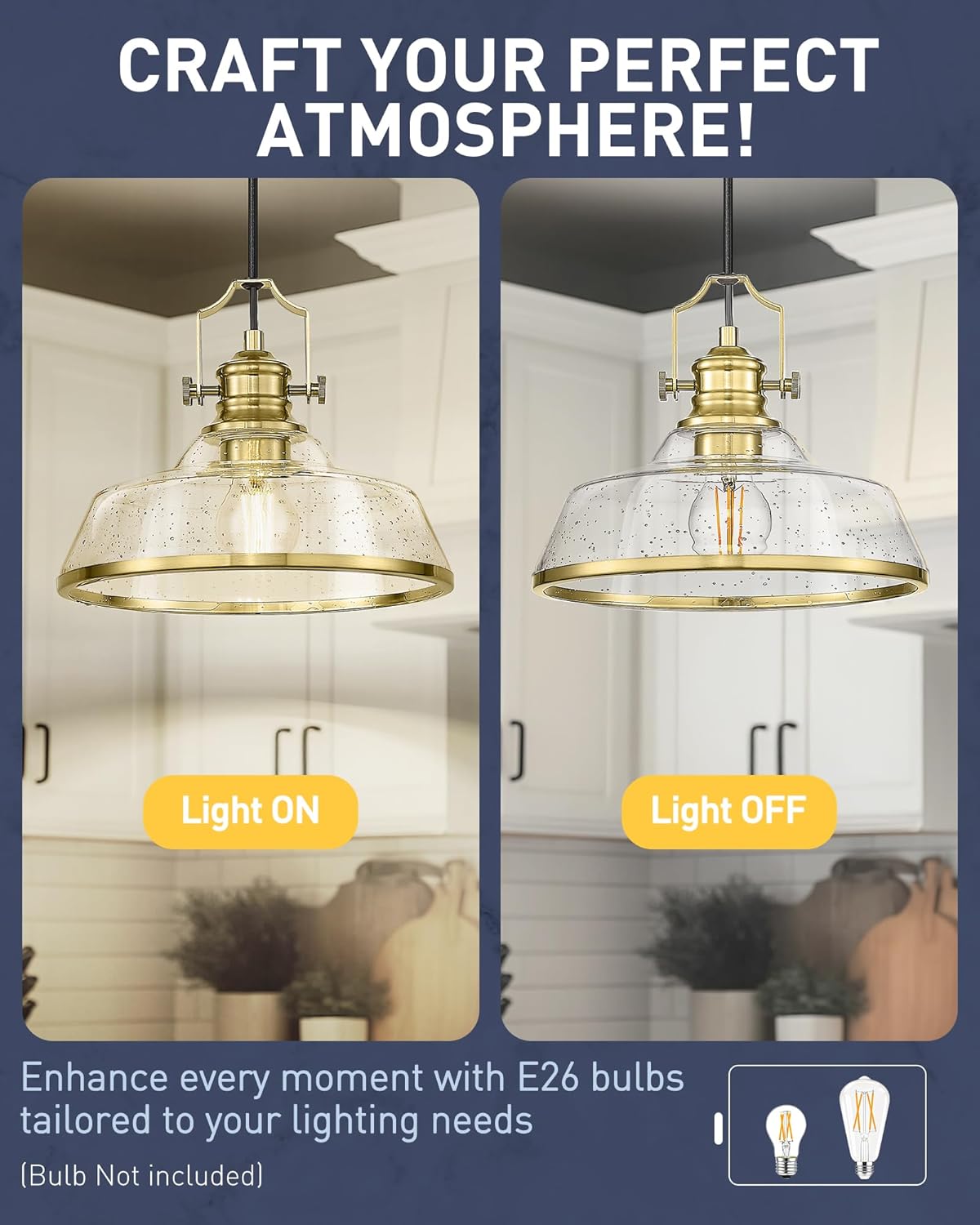 kudos Gold Pendant Lights Kitchen Island, Farmhouse Gold Seeded Glass Pendant Light, Kitchen Island Lights Ceiling Hanging,KDPL13-GD-S