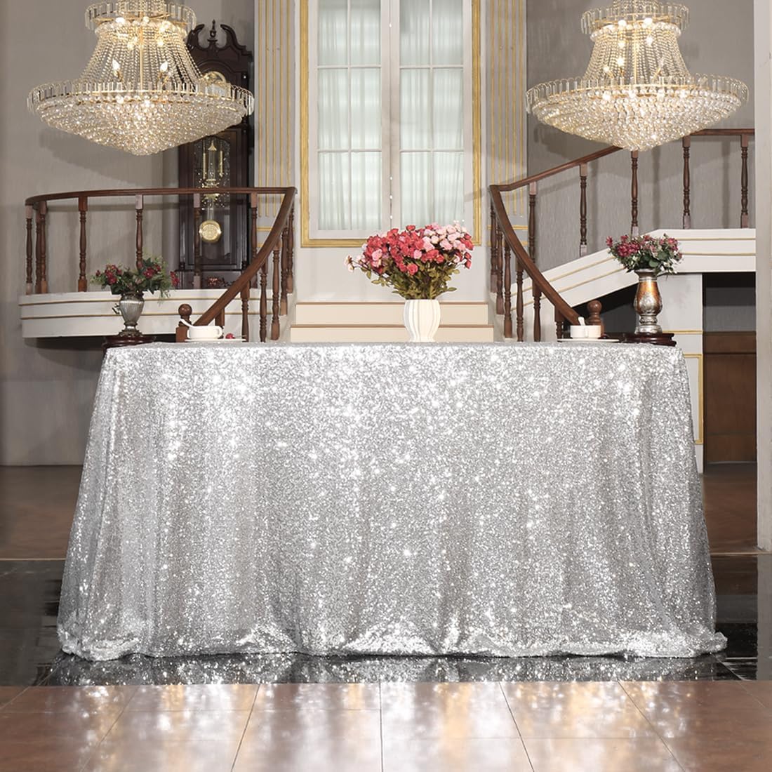 SquarePie Sequin Tablecloth 50 x 72 Inch Silver Sparkly Table Cloth for Wedding Party Decoration