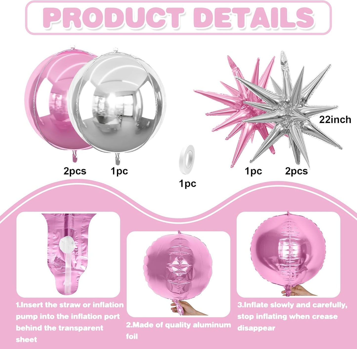 6Pcs Pink Silver Foil Balloons,22Inch Light Pink Silver 4D Round Ball Balloon and Explosion Star Balloon for Birthday Wedding Baby Shower Anniversary Decorations