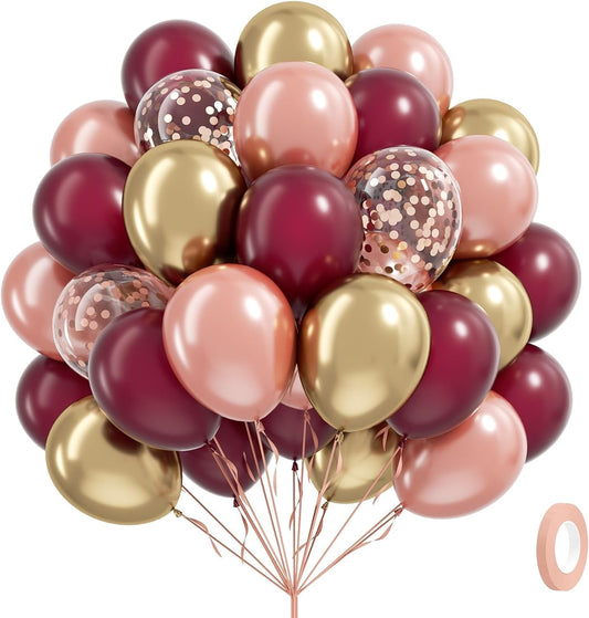 60pcs Burgundy and gold Balloons 12inch with Maroon Pearl Rose Gold Confetti Metallic Gold Balloons for Wedding Bridal Shower Anniversary Birthday Party Decorations