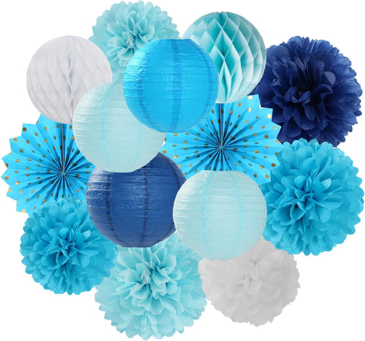 Light-Royal Navy-Blue White Party-Decorations Streamers - 14pc Boy Birthday Baby Shower Paper Lanterns Fan,Tissue Pom Poms,Honeycomb Balls,Bachelorette Bridal Wedding Engagement Decor Lasting Surprise