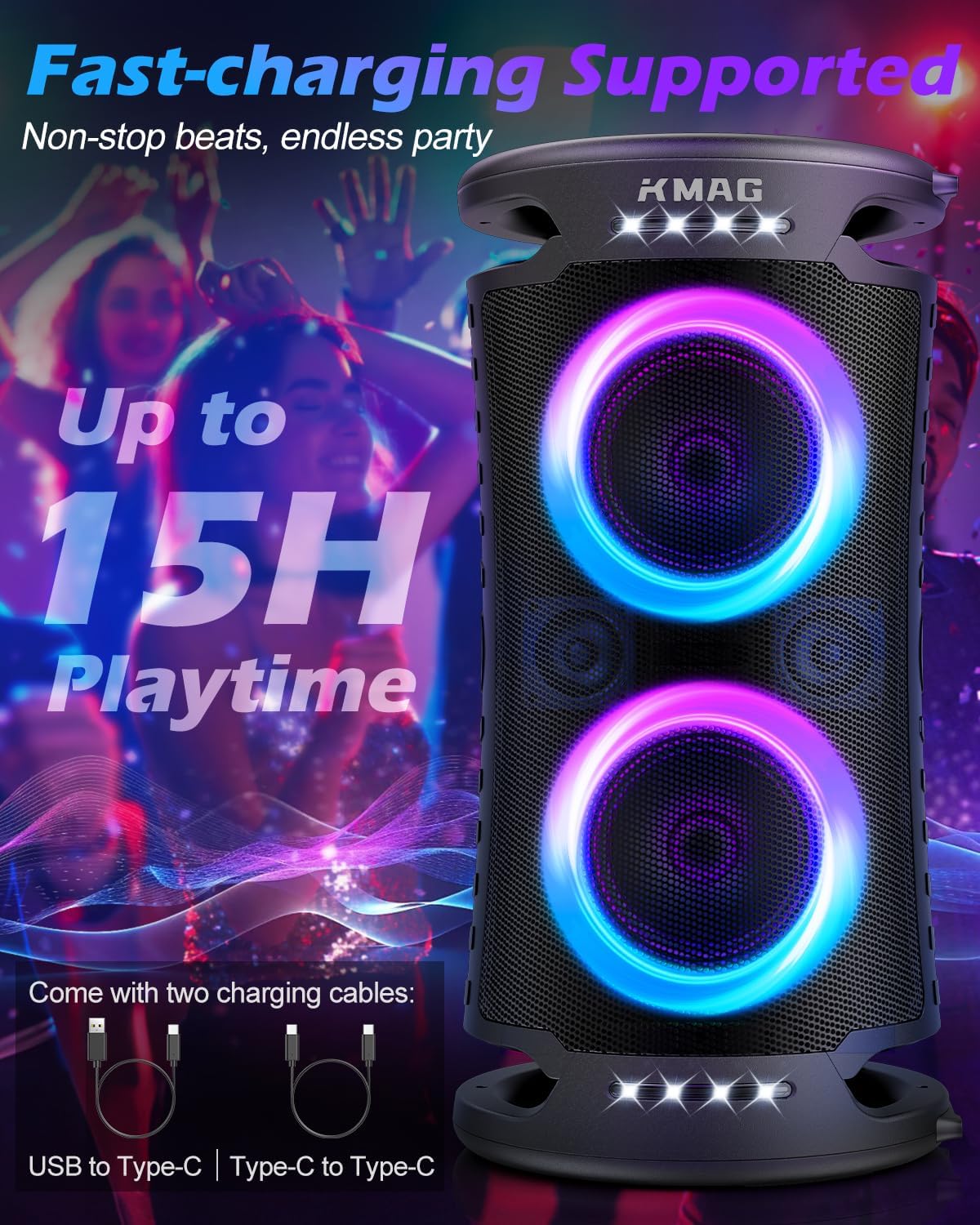 Large Bluetooth Speaker, 260W Peak Powerful Loud Sound with Deep Bass, 15Hr Playtime, Fast Charge, TWS, Cool Lights, Portable Outdoor Speaker Wireless for Party, Camping, Beach, Backyard, Home, Work