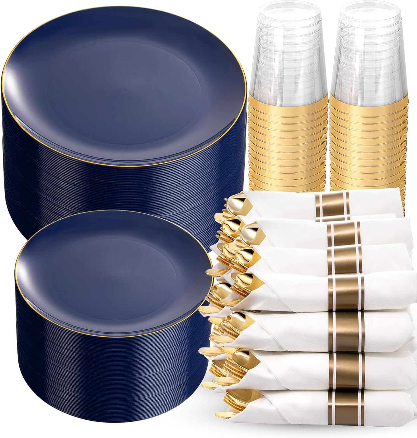 KIRE 350Pcs Blue and Gold Plates -Heavy Duty Navy Blue Dinnerware Set - 100 Plastic Plates 50 Pre Rolled Napkins with Gold Plastic Silverware 50 Cups for Upscale Birthday/Wedding/Parties