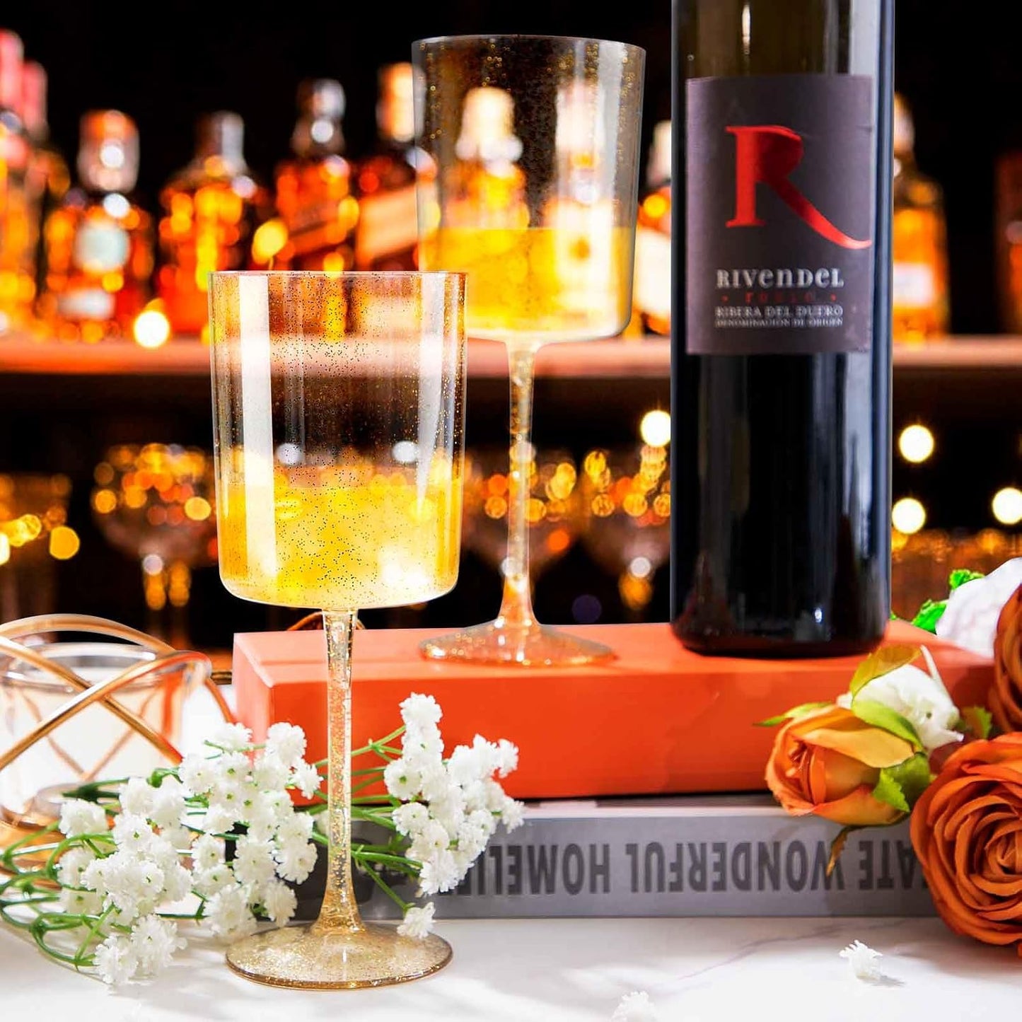 Ciaell 6 Pack Gold Plastic Wine Glasses - 10 Oz Disposable Glasse with Stem - Disposable Wine Glasses Perfect for Parties & Weddings & Poolside & Outdoors & Camping & Thanksgiving