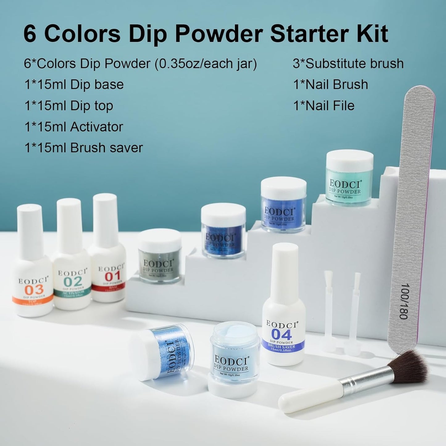 12 Pcs Glitter Blue Dip Powder Nail Kit Starter, Dark Green Blue Snow Dipping Powder Kit With Base & Top Coat/Activator/Brush Saver, Odor-Free&Long-Lasting, No Needed Nail Lamp Curing