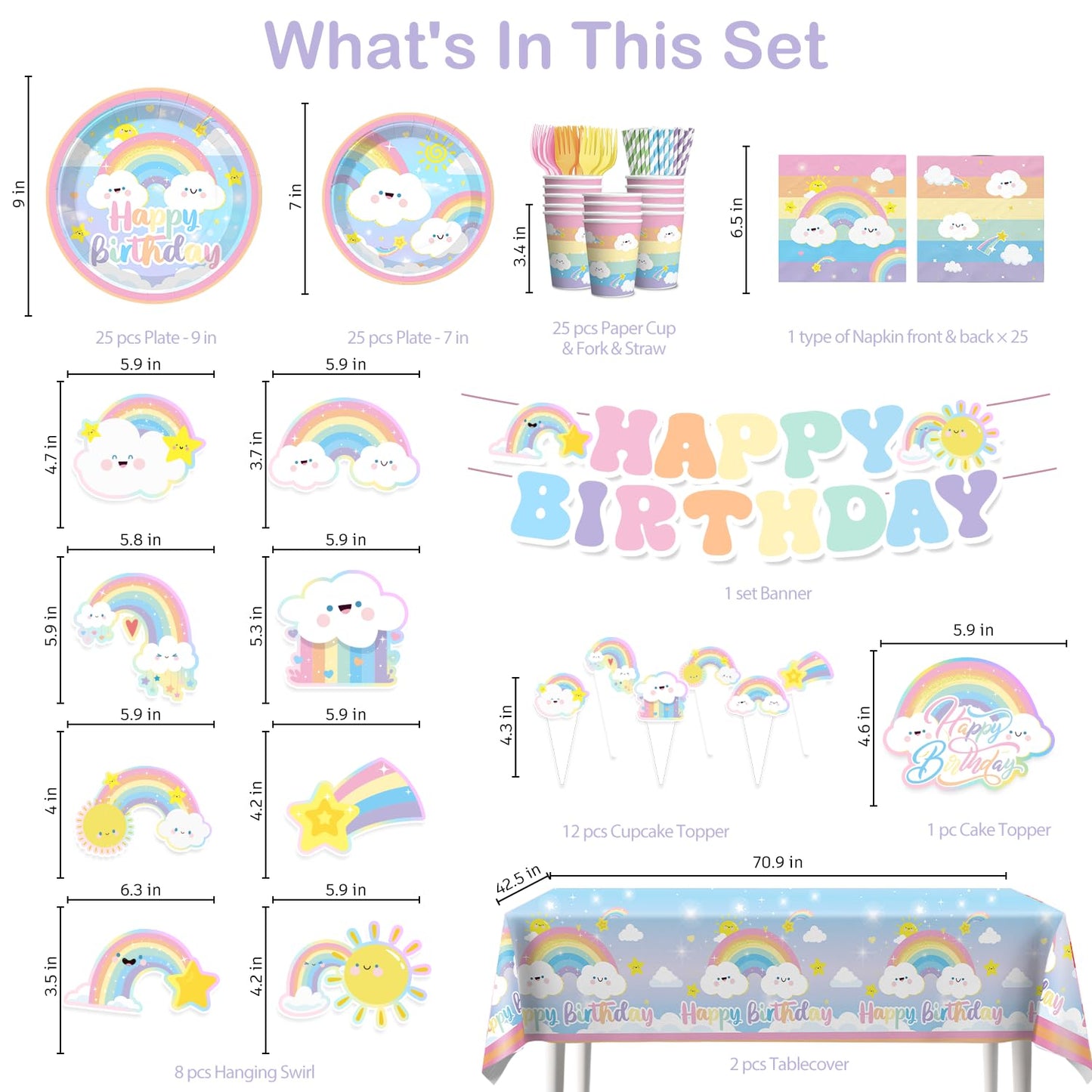 Xynic 174pcs Rainbow Birthday Decorations Tableware Complete Party Set