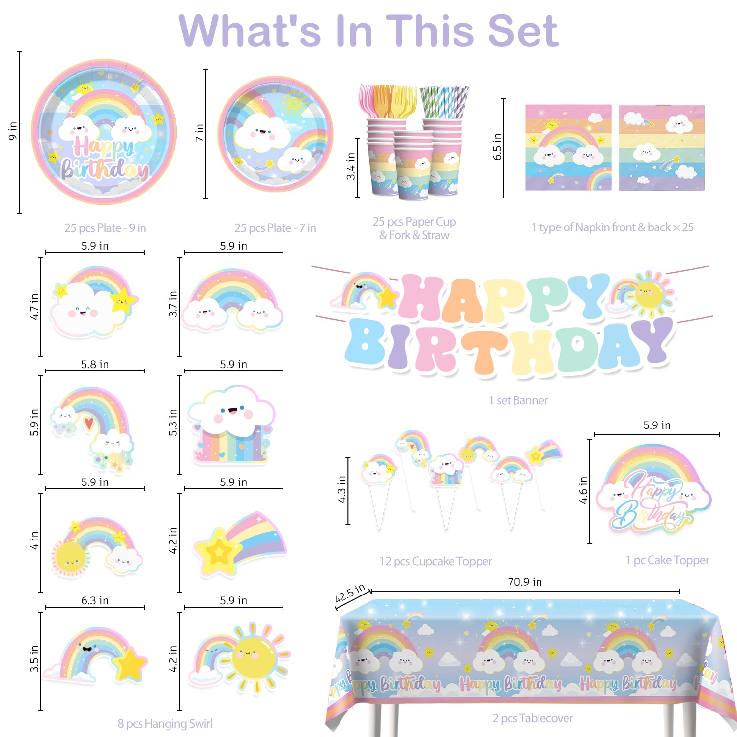 Xynic 174pcs Rainbow Birthday Decorations Tableware Complete Party Set