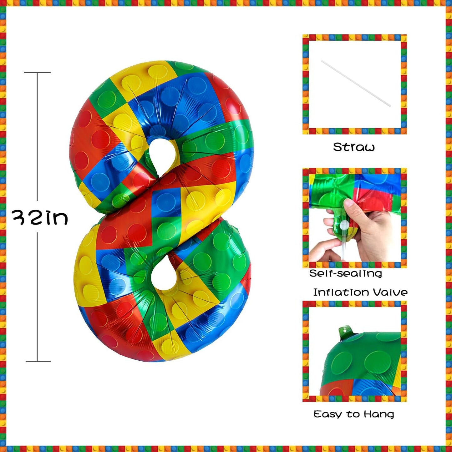 32 Inch Stackable Block Number Balloon – Colorful Brick Building Themed Big Helium Digits for Kids Birthday Party Decorations (Building Block, Number 8)