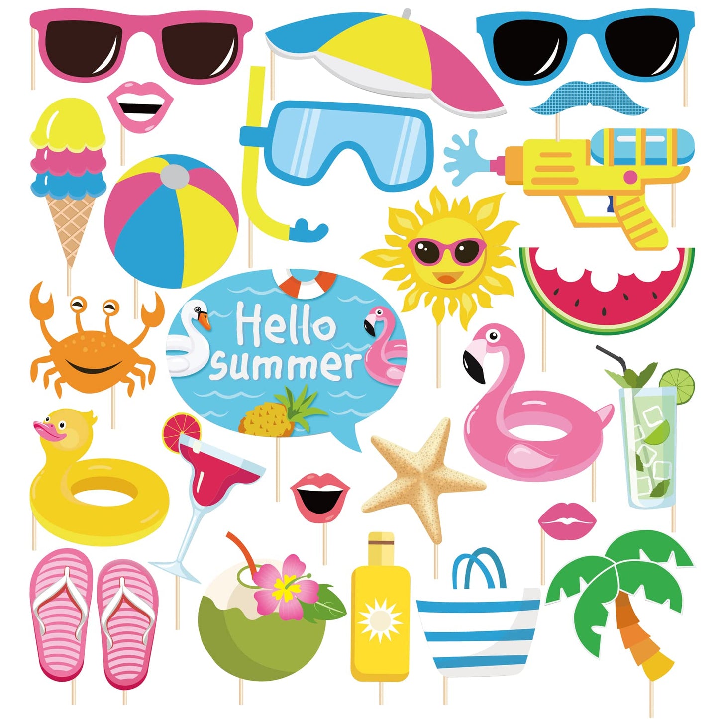 25Pcs Pool Photo Booth Props with Stick, Beach Summer Pool Party Decorations, Hawaiian Party
