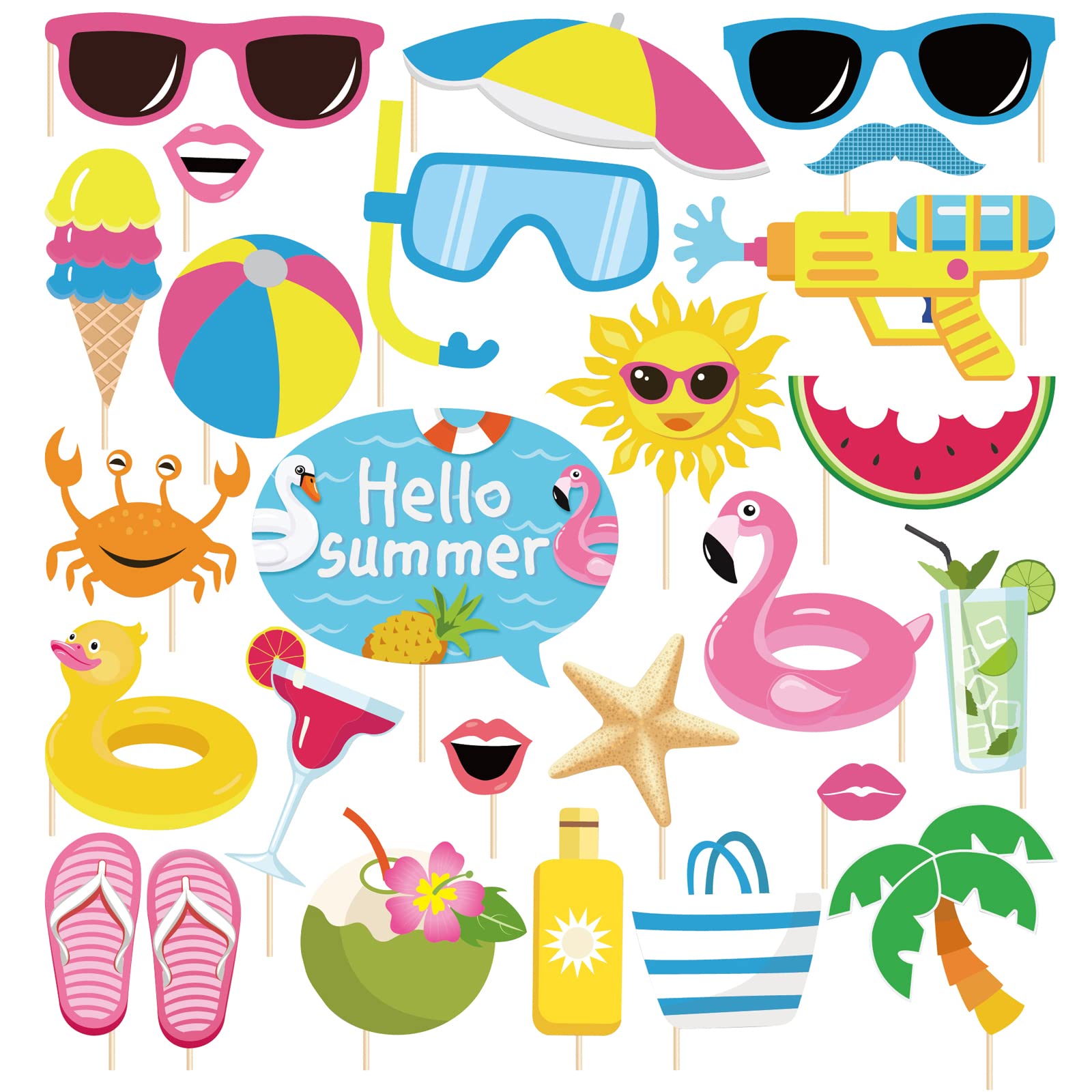 25Pcs Pool Photo Booth Props with Stick, Beach Summer Pool Party Decorations, Hawaiian Party