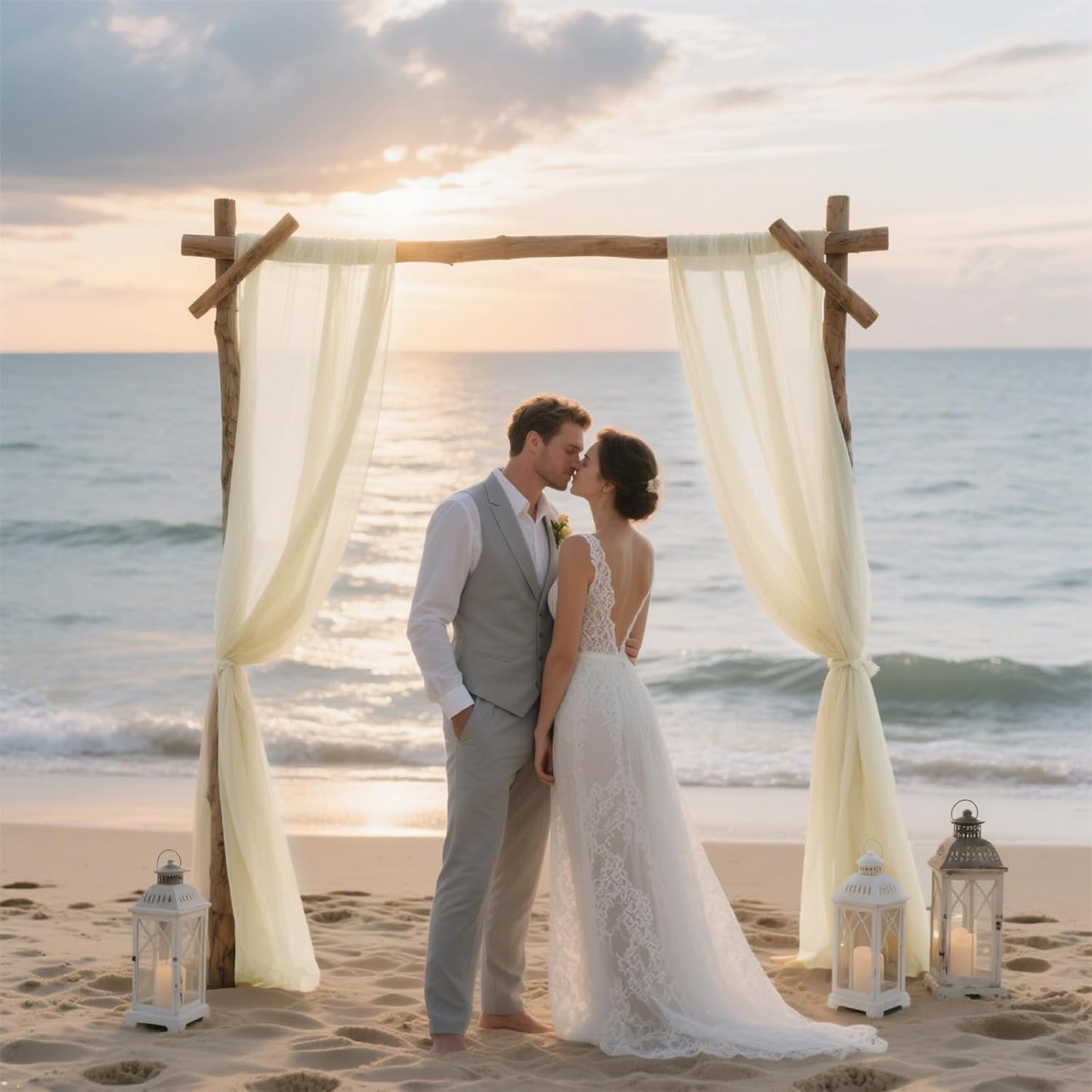 VOK Wedding Arch Draping Fabric Chiffon Curtains, 29in x 18Ft Sheer Chiffon Outdoor Curtain for Wedding Ceremony Birthday Party Decoration (Light Yellow,4 Panel)