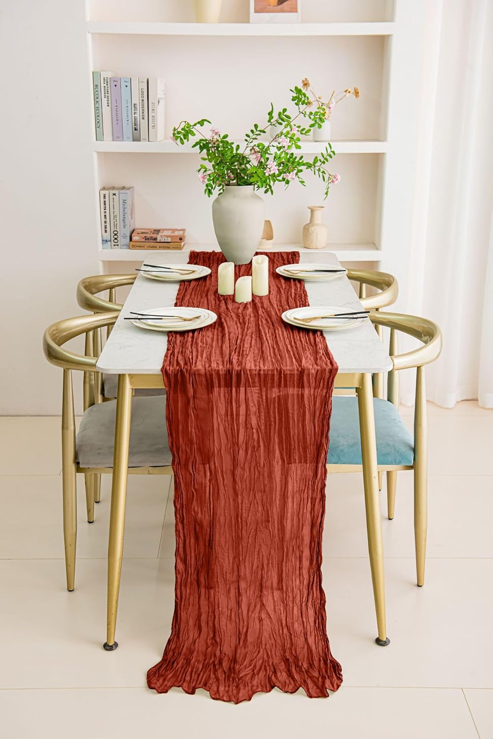 8 Pack 10Ft Terracotta Cheesecloth Table Runner 35x120 inch Boho Gauze Cheese ClothsTable Runners Long Wrinkled Sheer Romantic Table Runner for Wedding Bridal Shower Birthday Party Table Decor