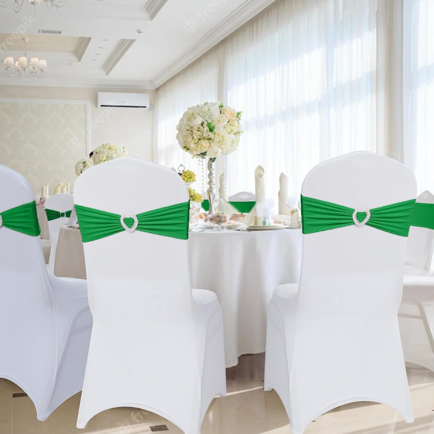 Howhic Pack of 60 Spandex Chair Sashes Bows Stretch Chair Cover Band with Buckle Slider Universal Elastic Chair Ties for Wedding Banquet Party Event Decoration (Emerald)