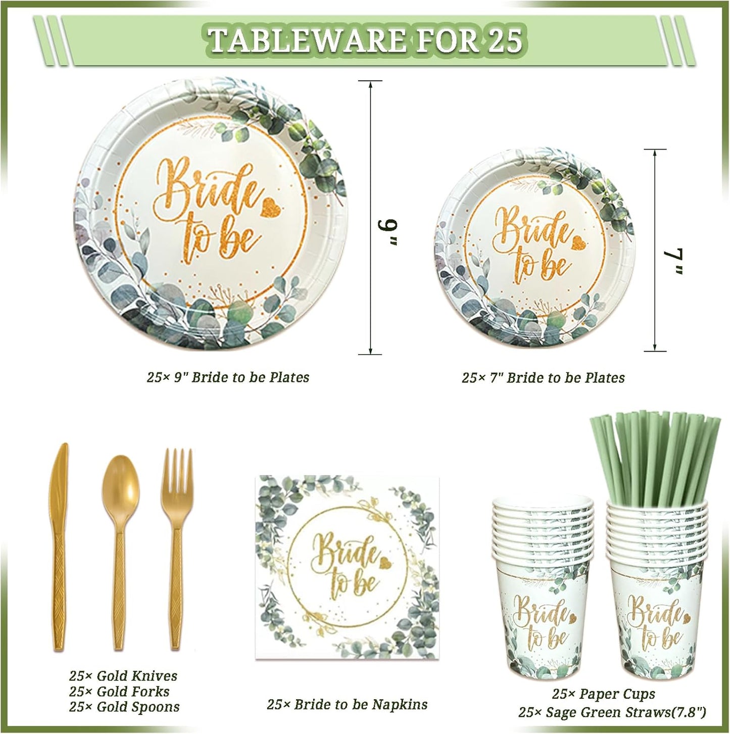 310 Pcs Sage Green Bridal Shower Decorations, Bachelorette Party Decorations Favors - "BRIDE TO BE" Banner, Veil, Balloon, Photo Props, Tableware with Eucalyptus Leaf for 25 Guests