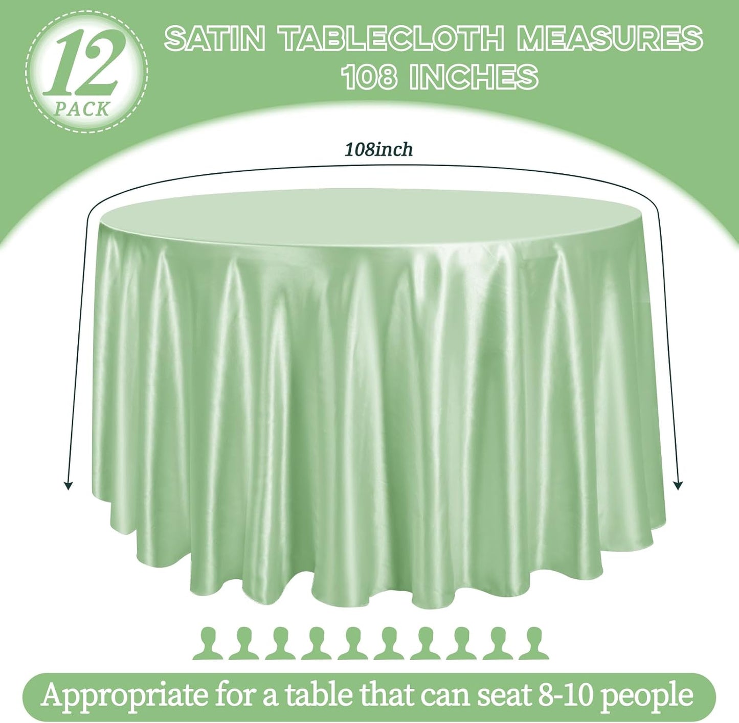 fani 12 Pack 108 Inch Sage Green Satin Tablecloth - Silky Round Tablecloth Overlay Smooth Fabric Table Cover, Bright Table Decoration for Wedding Party Banquet Events Restaurant Kitchen Dining