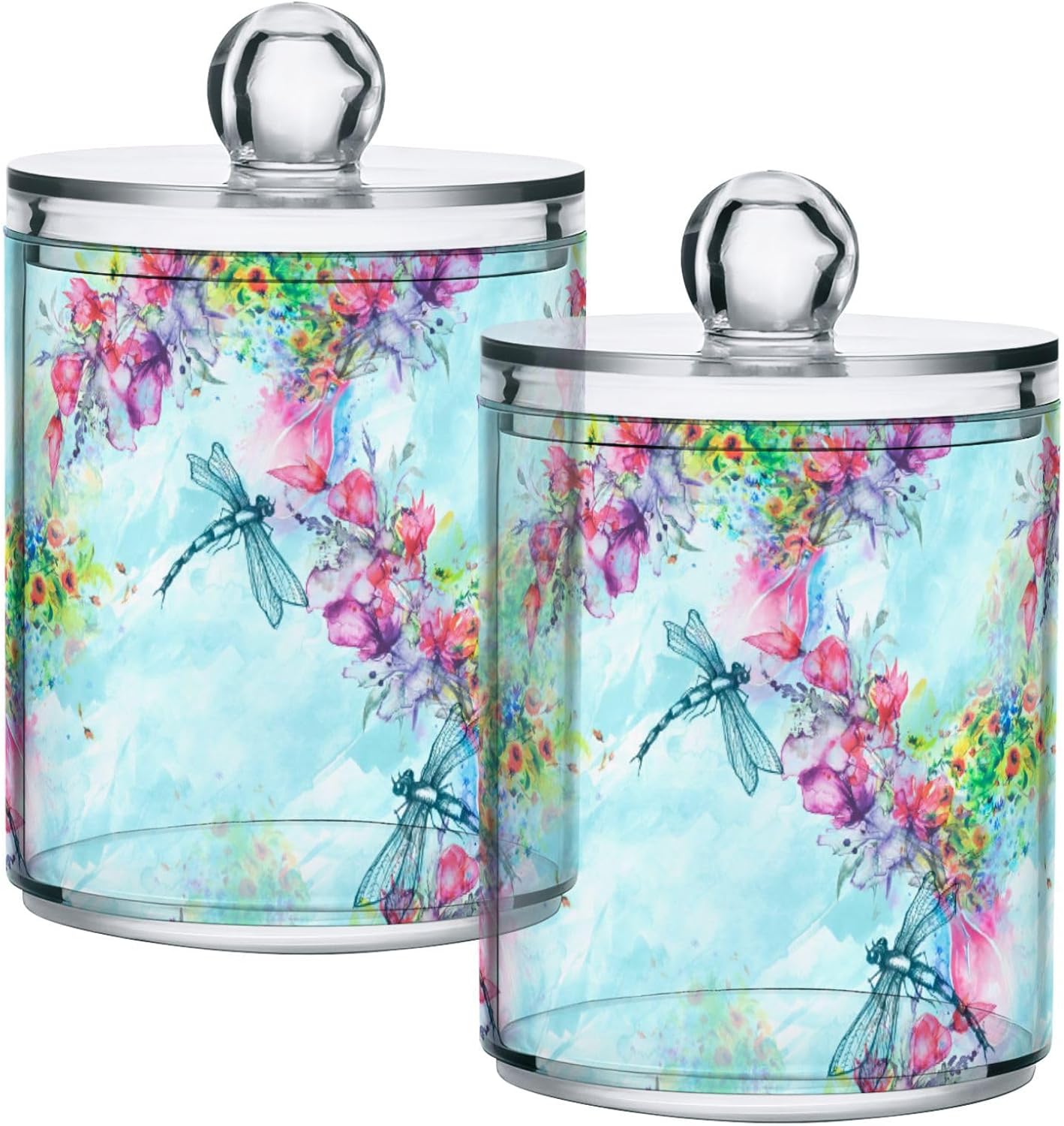 Gredecor Qtip Holder Dispenser 4 Pack Watercolor Flowers Dragonfly Apothecary Jars with Lids Bathroom Vanity Countertop Canister Storage Organizer for Cotton Ball,Swabs,Pads,Floss