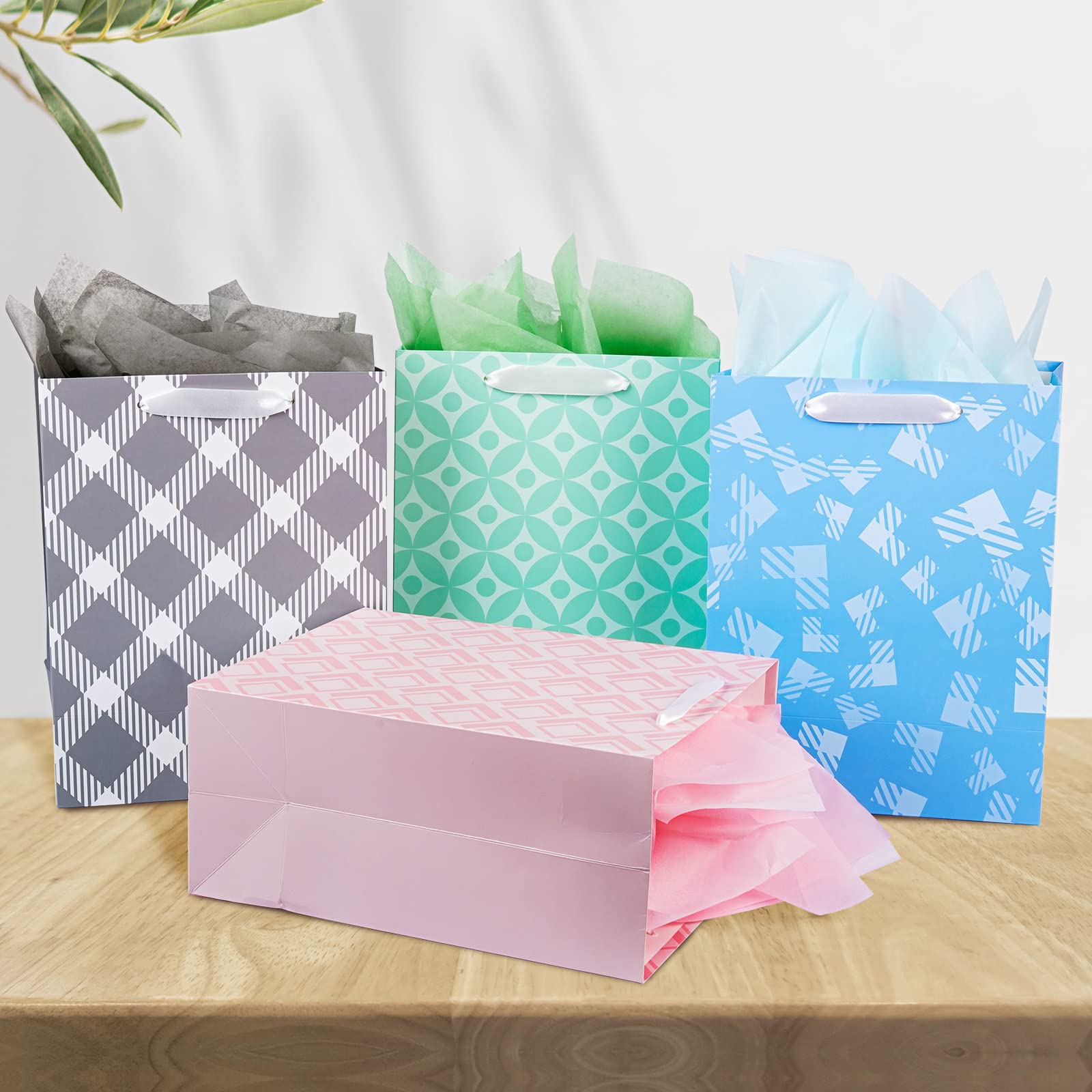 12 Pack Gift Bags Assorted Sizes and Designs, Gift Bags Bulk with Tissue Paper (5 Medium 8", 4