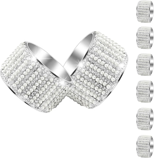 Silver Pearls 6pcs Napkin Rings Rhinestone Crystal Glass Framed Napkin Holder Handmade Serviette Buckles for Christmas, Easter, Thanksgiving Day Wedding Banquet Home Party Decoration Dining Table