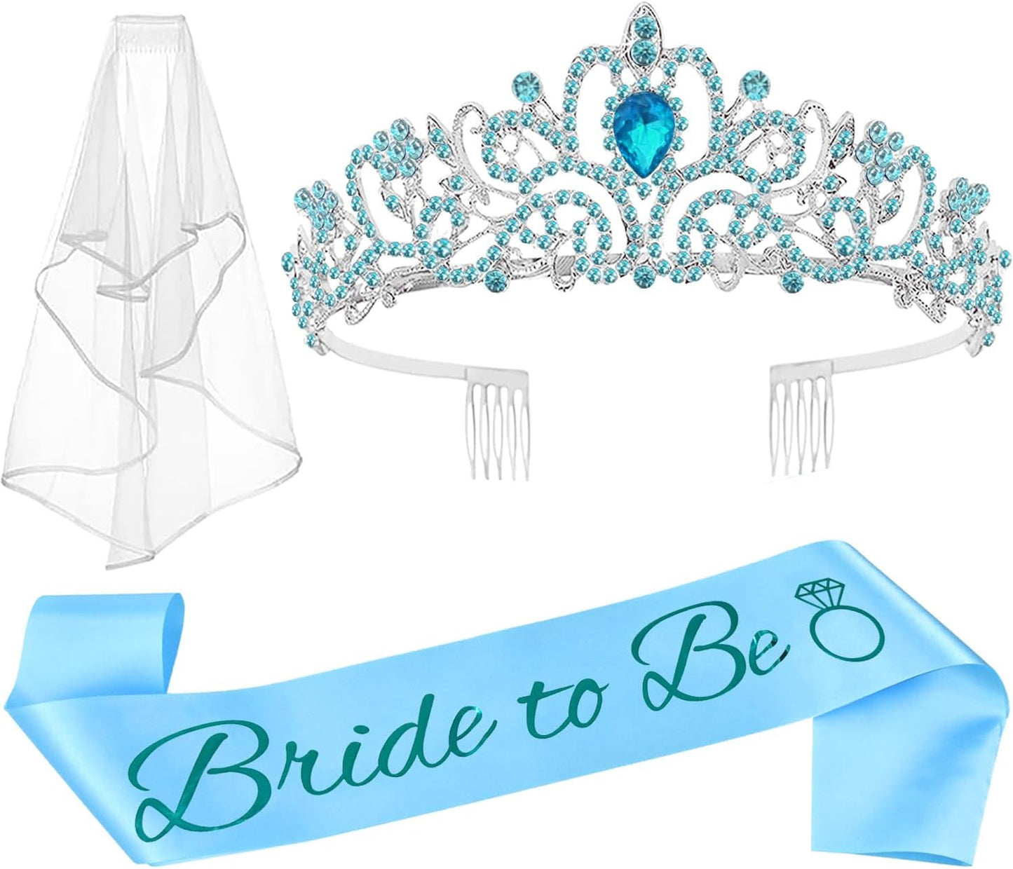 JETKONG 3 Pcs Bachelorette Party Decorations Bridal Shower Crown, Bride to Be Sash&Veil for Women Bachelorette Party Gifts, Bachelorette Party Supplies, Gifts, Favors (Blue)