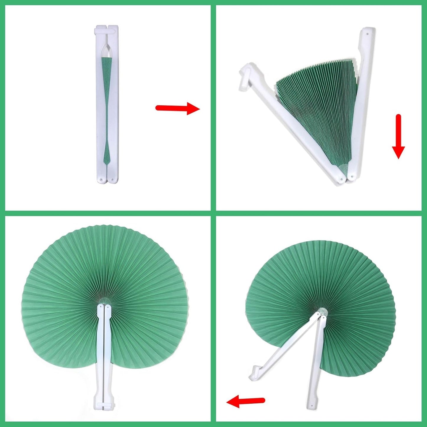 12 Packs Decorative Paper Folding Hand Fans Handheld,Green Round Foldable Wedding Fans Chinese and Japanese Fans Bulk for Bridal Guest Church Party Favors Dancing Birthday DIY