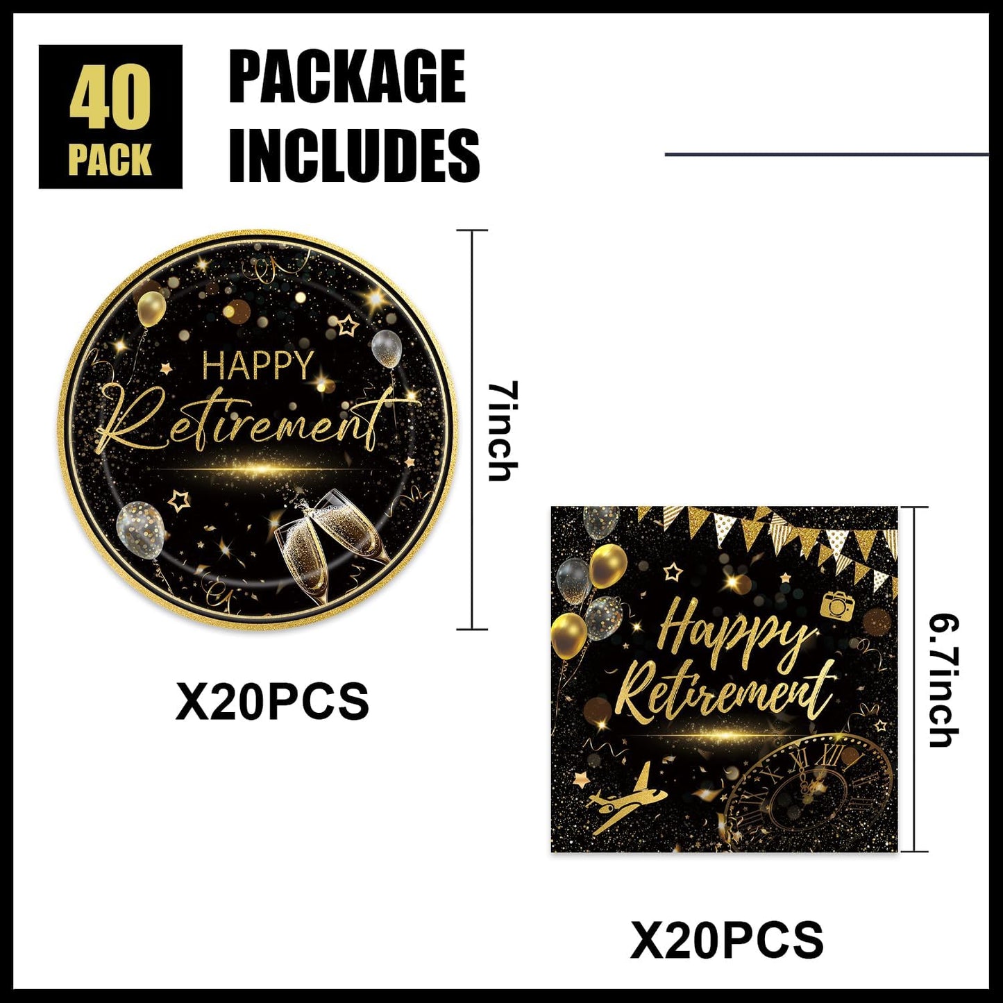 40pcs Happy Retirement Party Supplies Decorations Set, Black Gold Happy Retirement Plates and Napkins for Men and Women, Suitable for 20 Guests