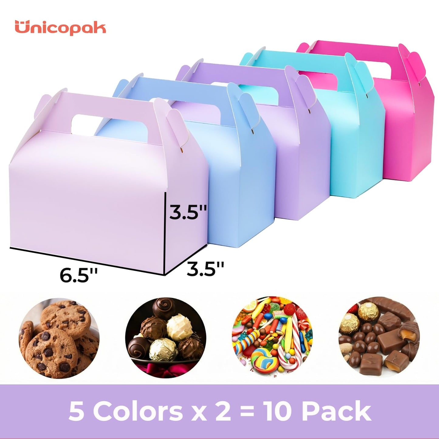 UnicoPak 10 Pack Pastel Party Favor Bag Boxes, Gable Gift Boxes with Handles for Candies Treats