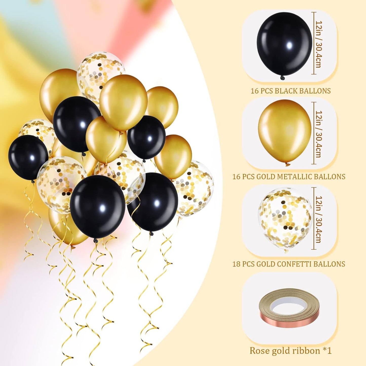 56 Pcs Balloon and Balloon Weights, 50 Pieces Balloons Decorative Birthday Confetti Balloons 6 Pieces Balloon Weights Pack Holder Balloons Party Wedding Birthday Decors(Black, Gold Series)