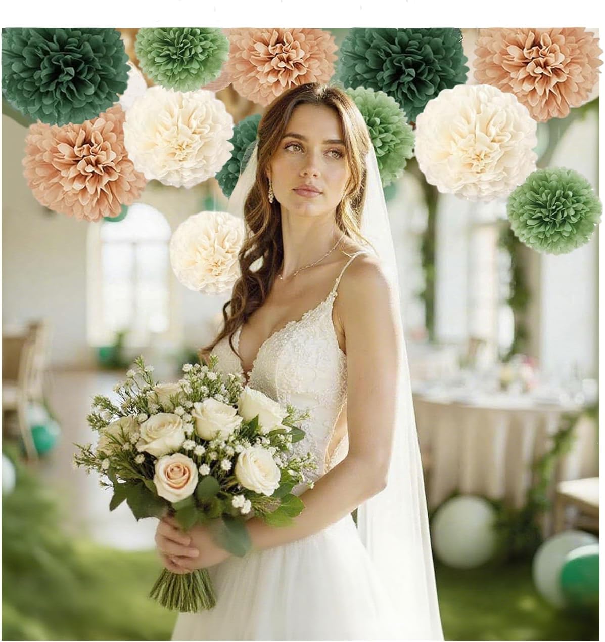 Capesaro Olive Sage Green 12PCS Paper Pom Poms Party Decorations for Natural Green Boho Safari Jungle Party,Hanging Tissue Paper Flowers for Engagement,Wedding,Baby Shower