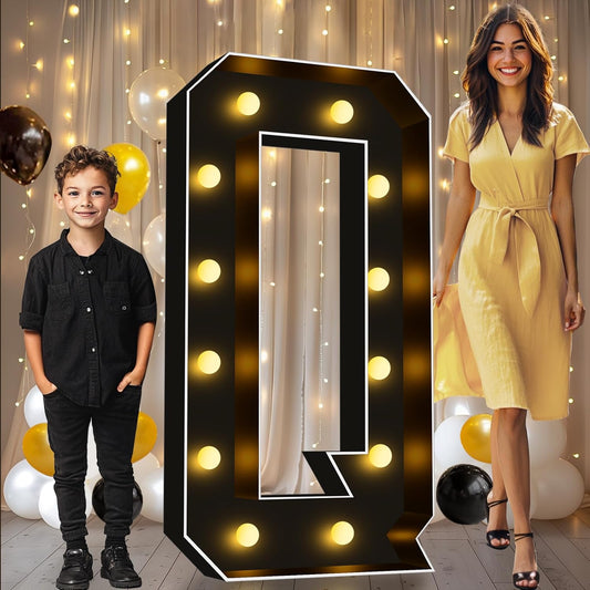 Pooqla 4 FT Marquee Light Up Letters, Black Marquee Letter Lights 4 Feet Tall, Giant Mosaic Sign Big for Balloons Birthday Party Anniversary Wedding Decorations, Warm White Letter Q
