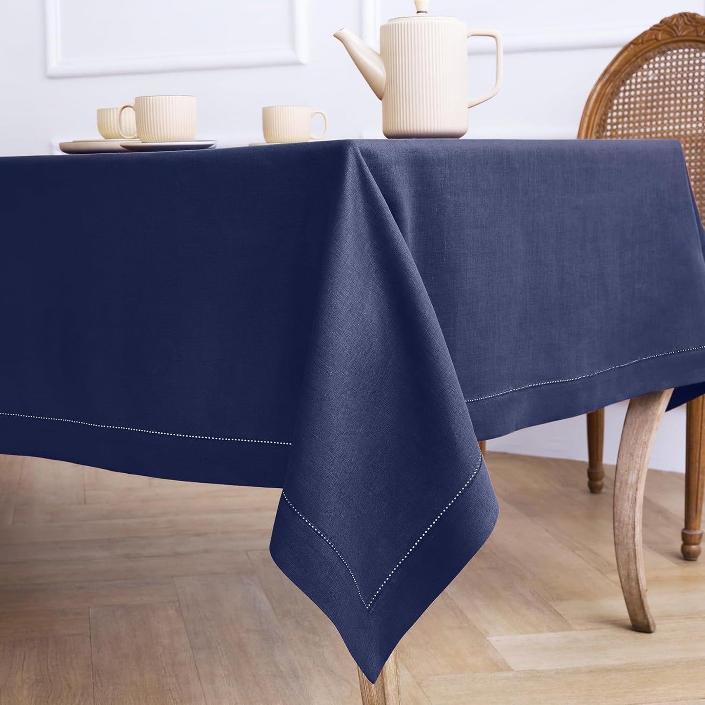 Solino Home Linen Tablecloth 60 x 108 Inch - Classic Hemstitch 100% Pure Linen Navy Blue Table Cloth for Rectangle Tables - Machine Washable Tablecloth for Fall, Thanksgiving, Christmas, Holiday