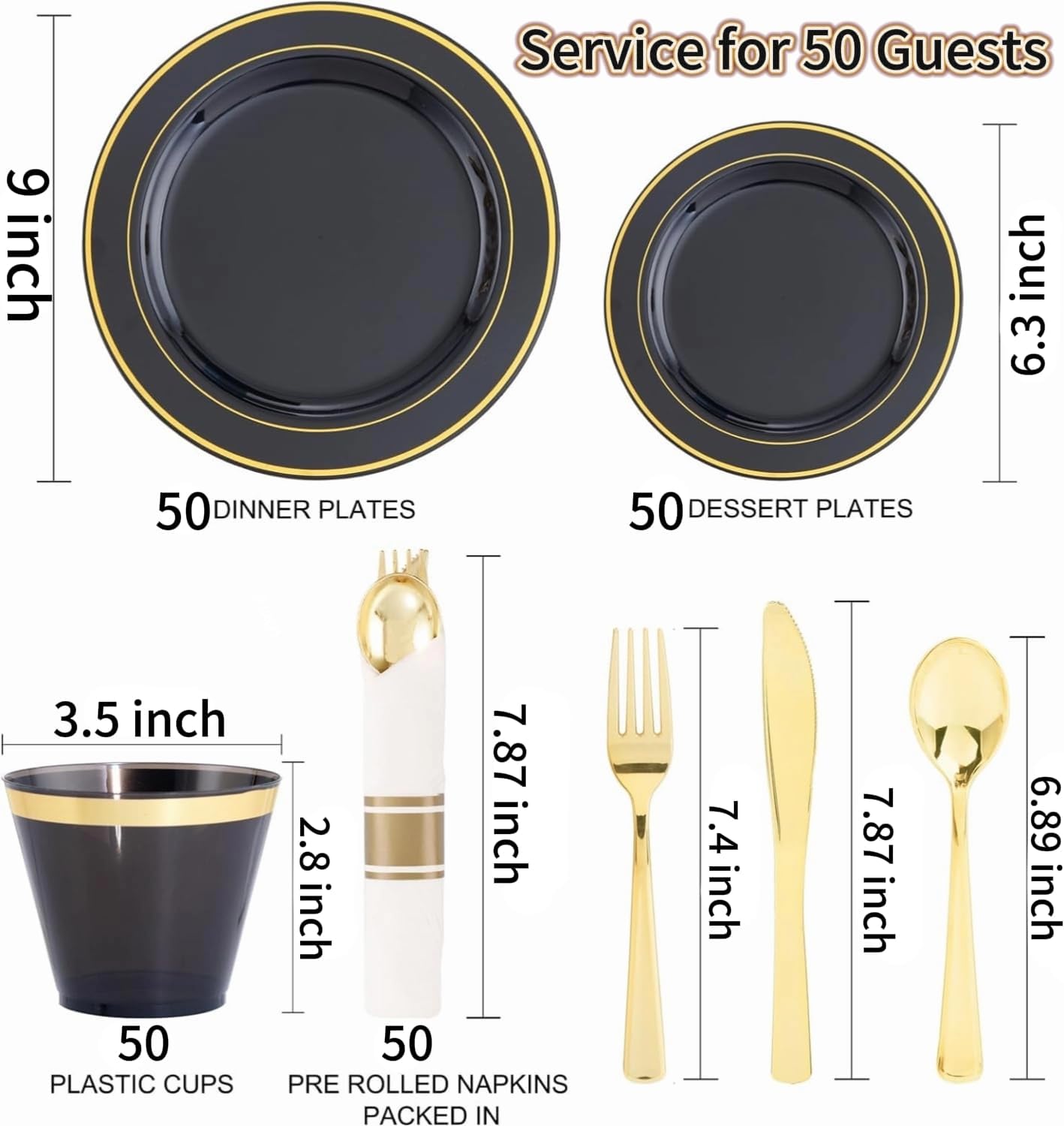350 Pieces Black and Gold Plastic Plates with Disposable Silverware, Include 50 Dinner Plates 9”