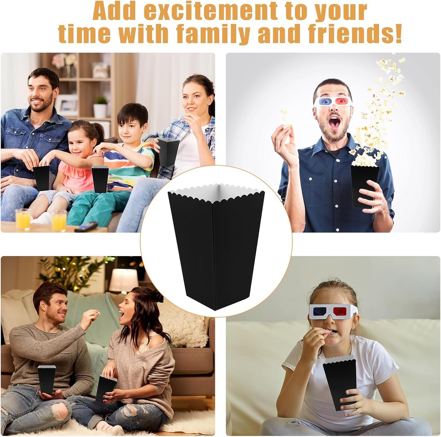 50 Pcs Popcorn Boxes Mini Paper Popcorn Box Cardboard Popcorn Container for Party Disposable Snack Candy Popcorn Bags Popcorn Holder for Movie Nights Birthday Wedding (Black)