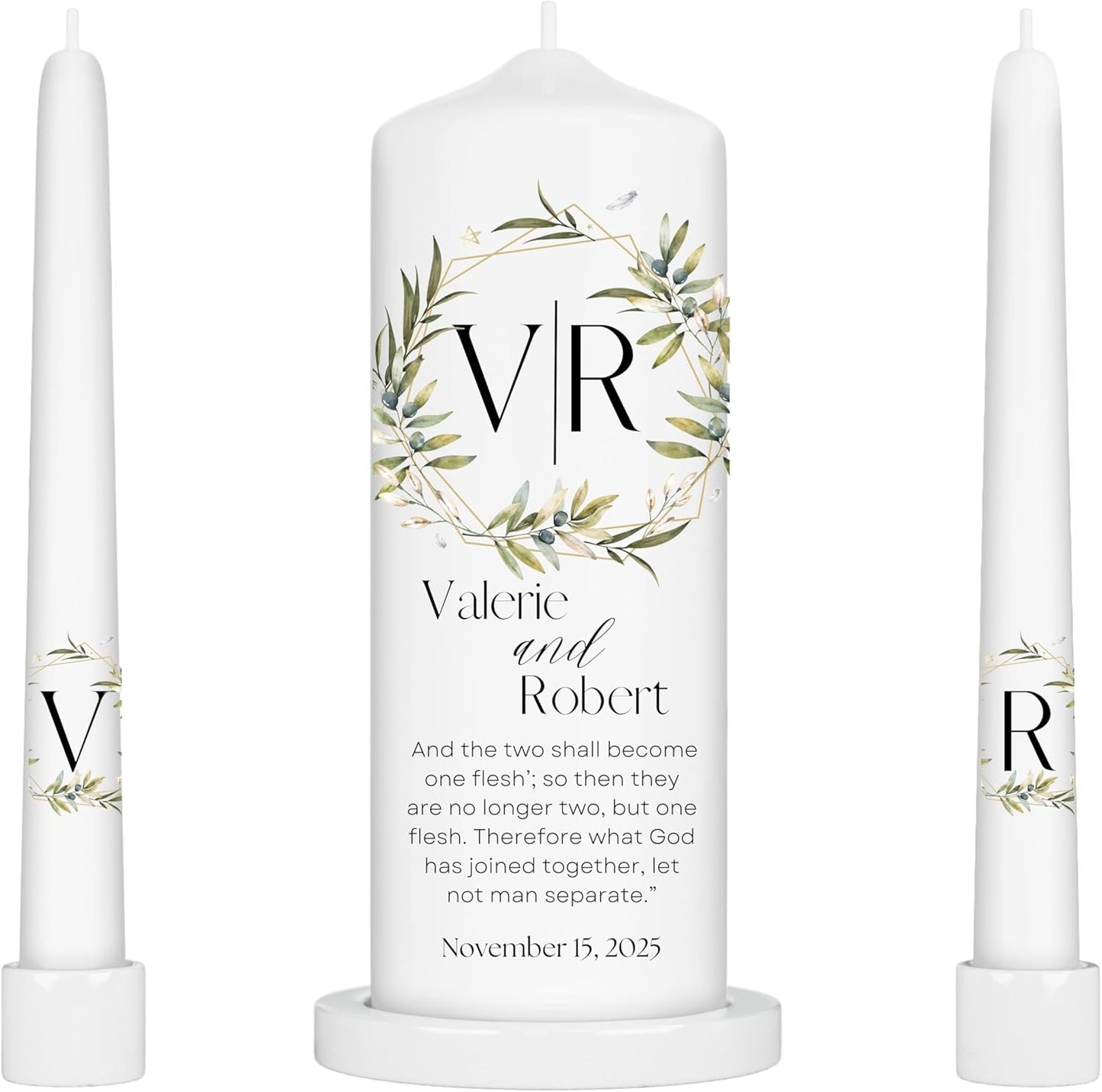 Unity Candles for Wedding, Modern Unity Set, Custom and Personalized Pillar and Taper Candles with Bible Quote, Unscented White Premium Wax, Religious and Wedding Ceremony, Special Events (Garden)