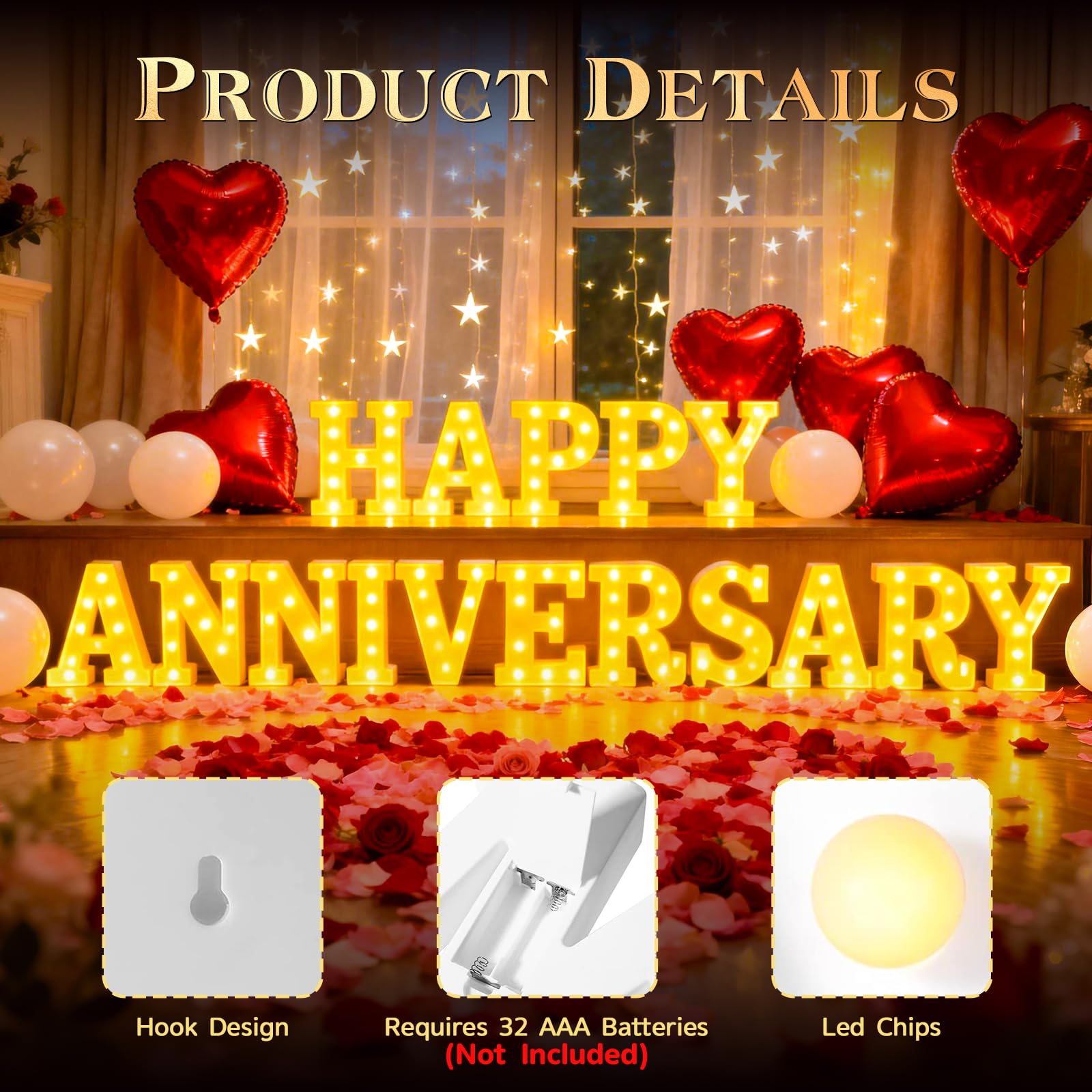 Peledic Happy Anniversary Decorations, Light up Letters Sign, with Rose Petals, Round Pearlescent