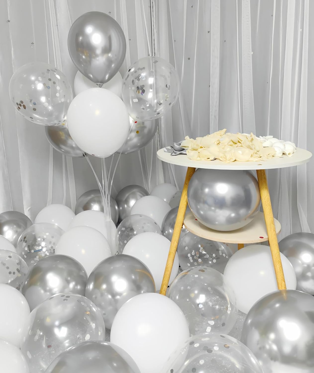 300 Pack White and Silver Balloons 12 Inch Silver Confetti Balloon for Various Party Events Decorations