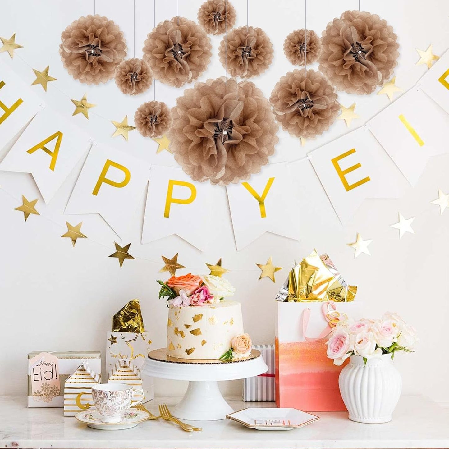Tissue Paper Pom Poms, Brown Tissue Paper Flowers, Hanging Flower Balls for Weddings Fiesta Parties Birthday Baby Showers Classroom Bridal Shower Decoration (20Piece Set-6/10/12/14Inch)