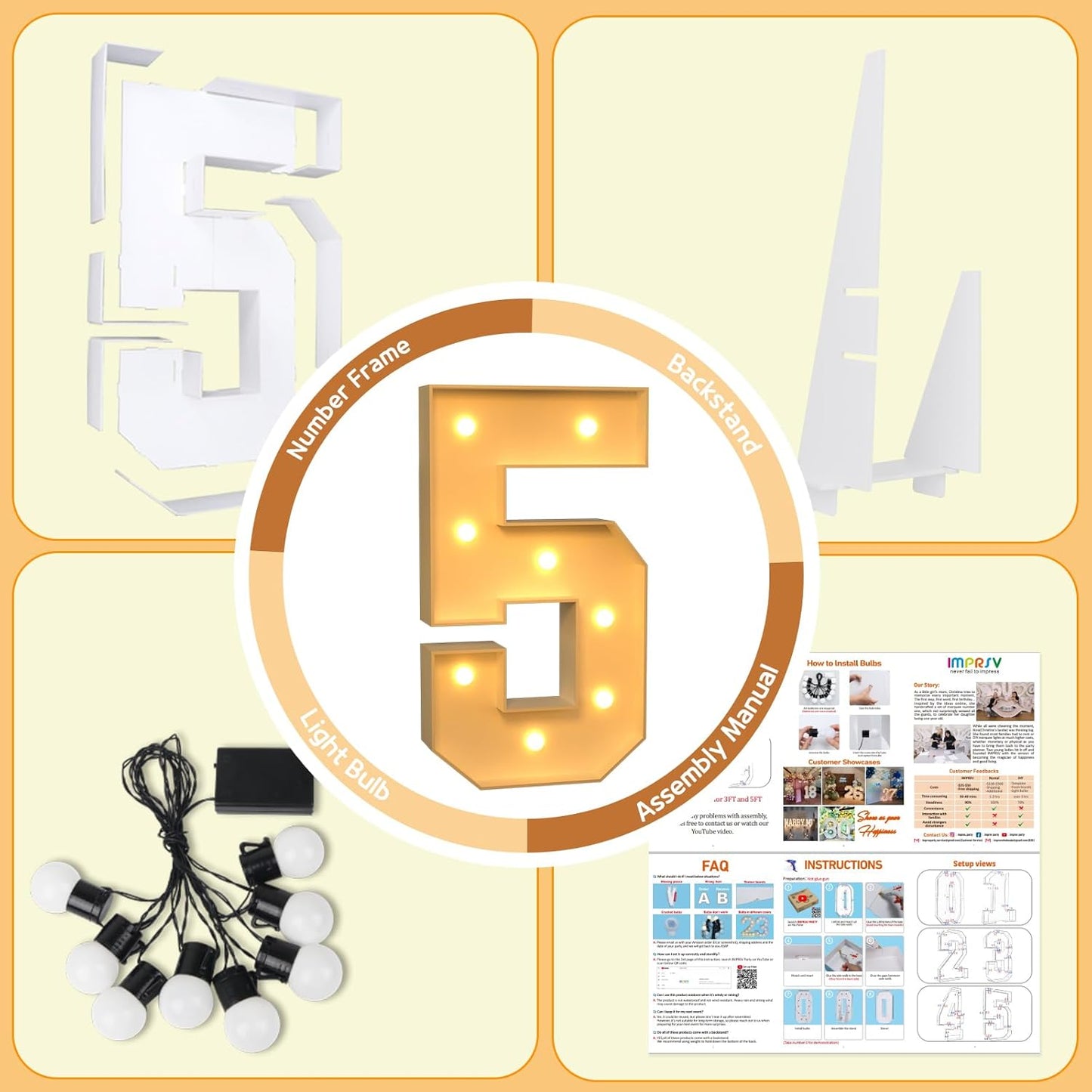 imprsv 3FT Marquee Numbers, Light Up Numbers for 15th 50th Birthday Decorations Anniversary Party Decor, Number 5 Light Up Number, Pre-Cut Foam Board Kit