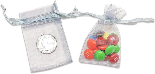 TheDisplayGuys 100-Pack XS 2 x 2 3/4" Silver Sheer Organza Gift Bags with Drawstring, Jewelry Candy Treat Wedding Party Favors Mesh Pouch